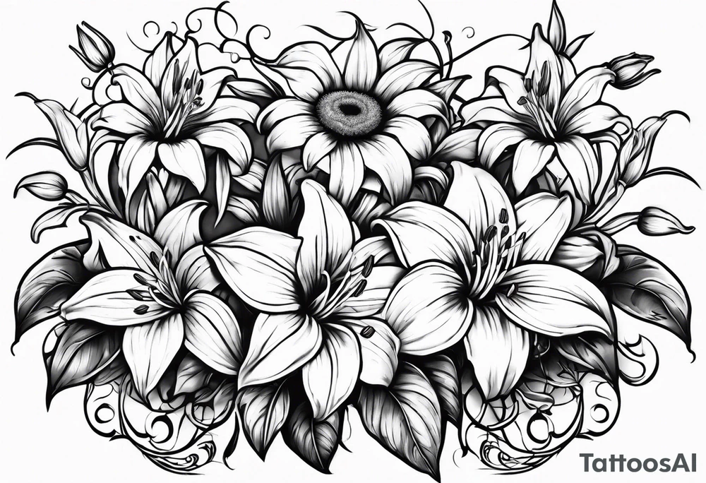 Easter Lilly's, sunflowers, vines, B, roses tattoo idea Easter Lilly's, sunflowers, vines, B, roses tattoo idea