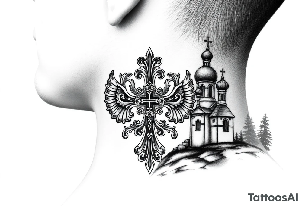 russian coat arms in a russian christian orthodox cross with the cross in the middle with a virgin mary & orthodox dome church on the side of the neck in a wilderness setting tattoo idea