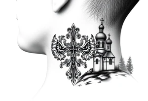 russian coat arms in a russian christian orthodox cross with the cross in the middle with a virgin mary & orthodox dome church on the side of the neck in a wilderness setting tattoo idea