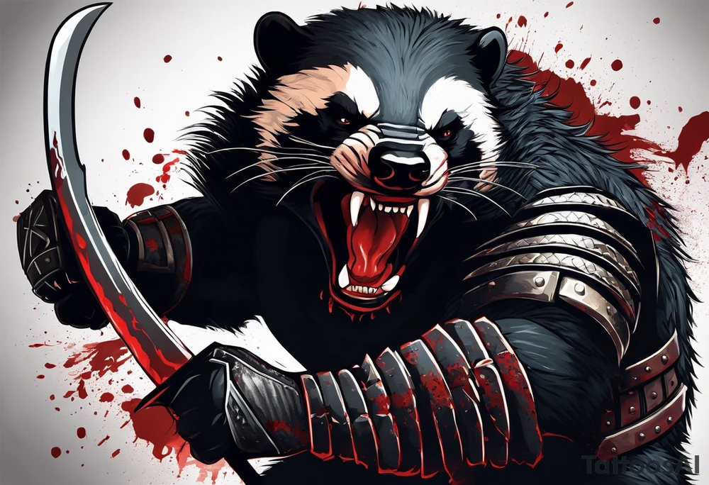 Draw me psychopath Honey Badger/Berserker with aggressive full body, killer face with a scary smile, very long nails and he attacks like a Bloody Assassin/Warrior/Gladiator to us and also, he has very deadly looking. He fights with his nails. Everybody scares after their first sight. Give me horror type Badger Tattoo. I want to see his Realistic full body with no weapons. You can show destruction at the back. tattoo idea