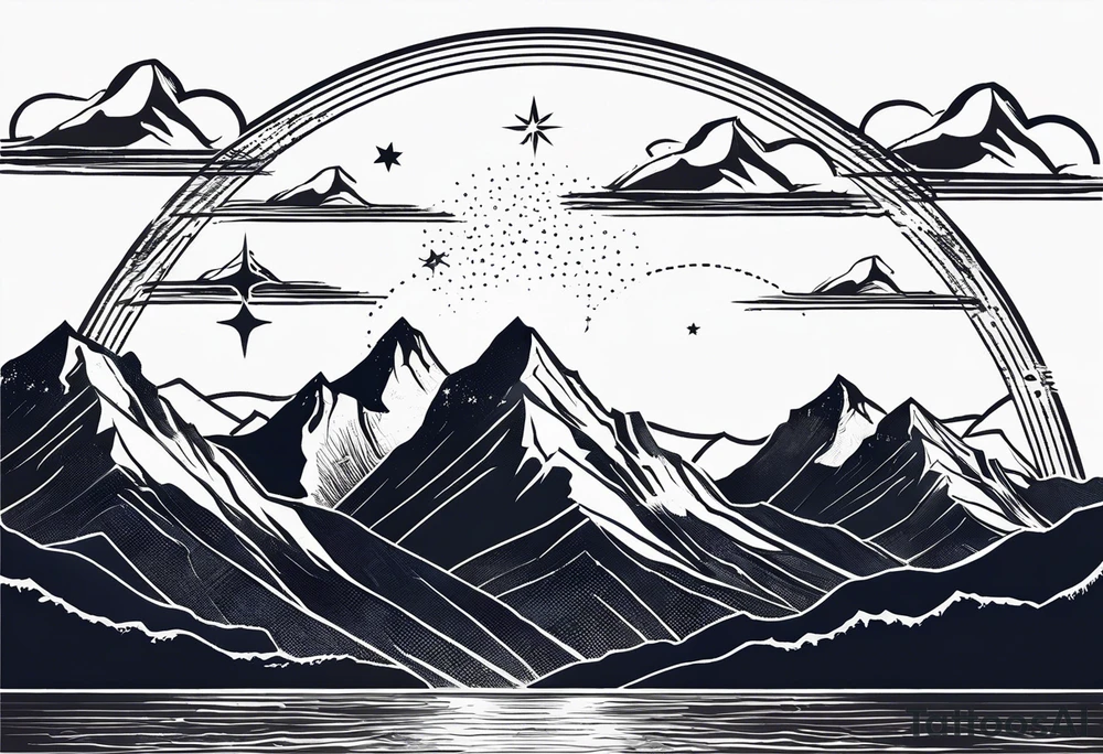 Mountain Skyline with one High Peak. Water in Front. Mountain Peak with circle dotted Line. Two Stars. Mountain and water Run Out flat in the side tattoo idea