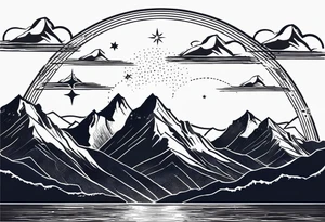 Mountain Skyline with one High Peak. Water in Front. Mountain Peak with circle dotted Line. Two Stars. Mountain and water Run Out flat in the side tattoo idea