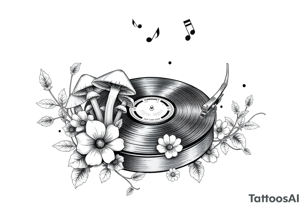 vinyl record player with mushrooms, flowers, and music notes around it tattoo idea