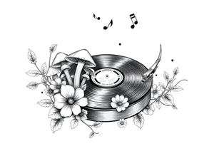 vinyl record player with mushrooms, flowers, and music notes around it tattoo idea