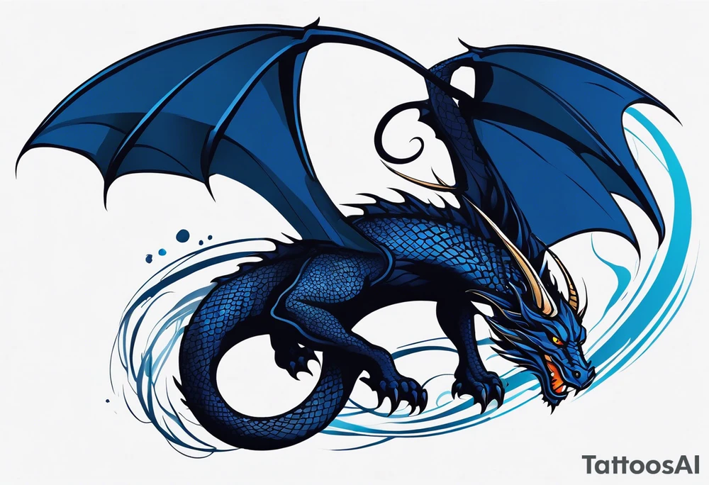 An epic floating dragon. Its long body coiling dynamically, with scales and horns detailed to create a sense of movement and strength. The dragon's main color is midnight blue, giving a vibrant depth and a mystical aura. This tattoo highlights the dragon’s fierce expression and sharp claws. tattoo idea