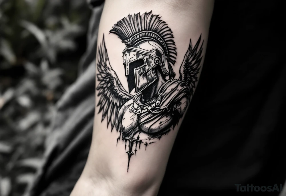 forearm tattoo of a spartan warrior with angel wings tattoo idea