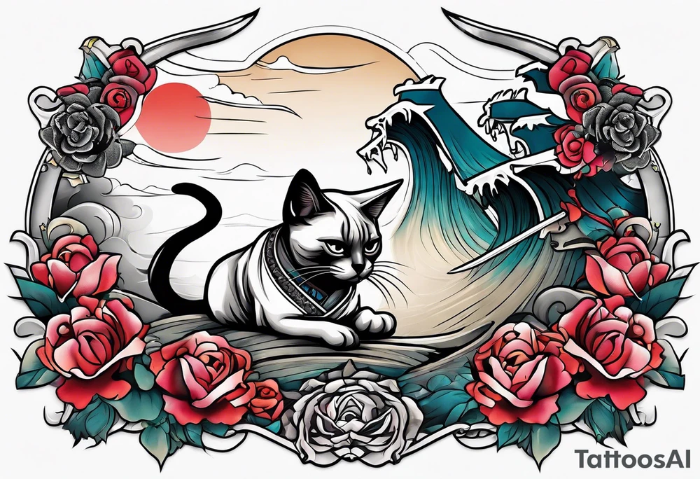 A siamese samurai cat killing a zombie tattoo idea