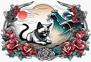 A siamese samurai cat killing a zombie tattoo idea