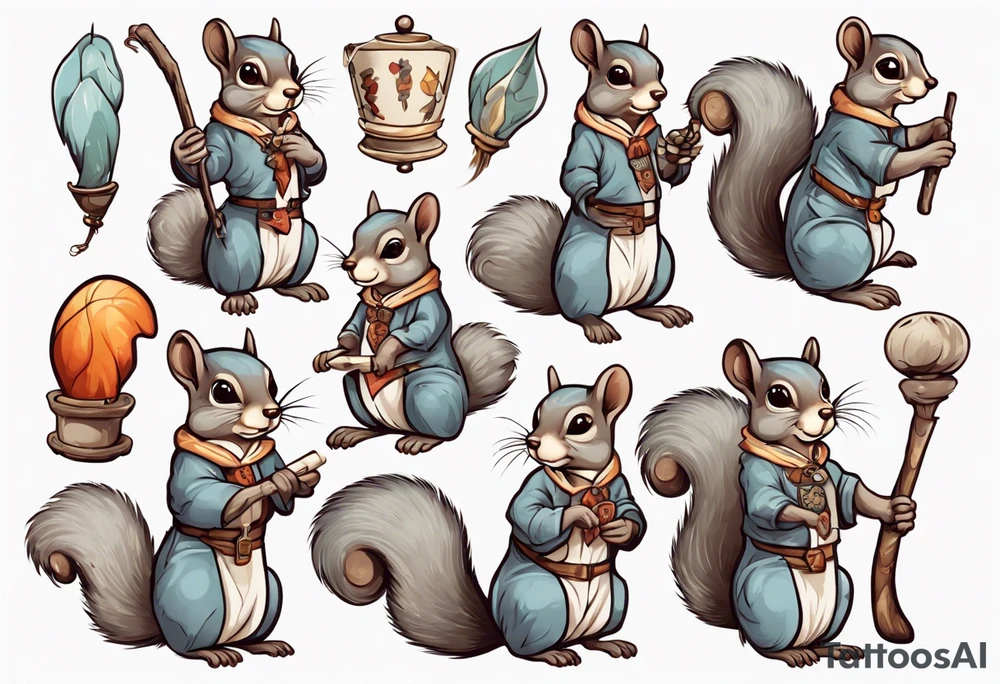 a grey squirrel dressed in a tunic holding a large white stick tattoo idea