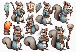 a grey squirrel dressed in a tunic holding a large white stick tattoo idea