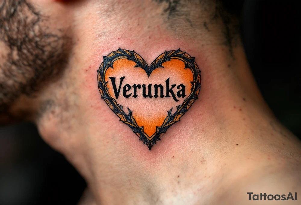A soft orange heart outlined in gold, framing the name Verunka. tattoo idea