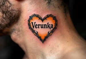 A soft orange heart outlined in gold, framing the name Verunka. tattoo idea