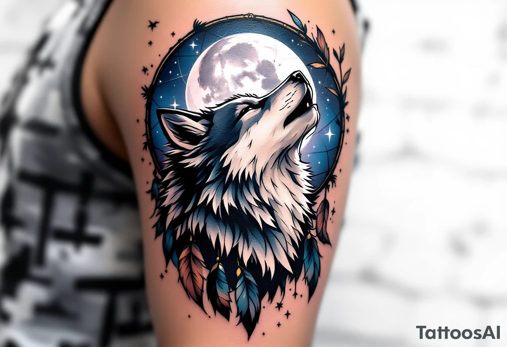 A powerful wolf howling at a full moon, surrounded by a detailed dreamcatcher. The feathers of the dreamcatcher are flowing with the wind, symbolizing freedom and spiritual connection. Deep blues and purples for the night sky, silver for the moon, rich greys and blacks for the wolf, and soft browns for the dreamcatcher feathers. tattoo idea