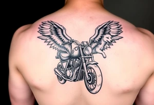 a motorcycle on it with guardian angel wolves on the bike tattoo idea