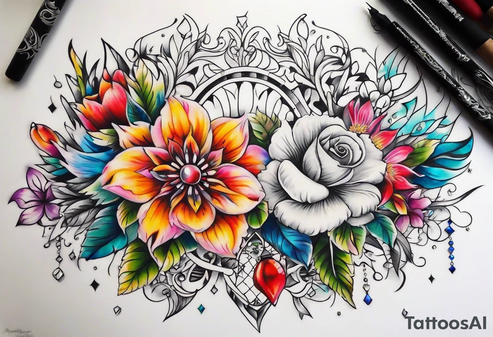 ornaments of flowers with crystals 
chest piece tattoo idea