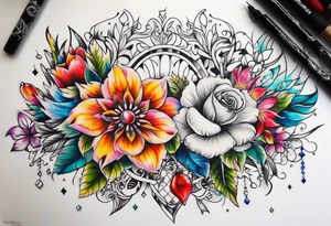 ornaments of flowers with crystals 
chest piece tattoo idea