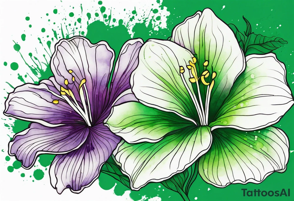 An outline of a green rio dipladenia flower and a green/purple watercolor splash in the background tattoo idea
