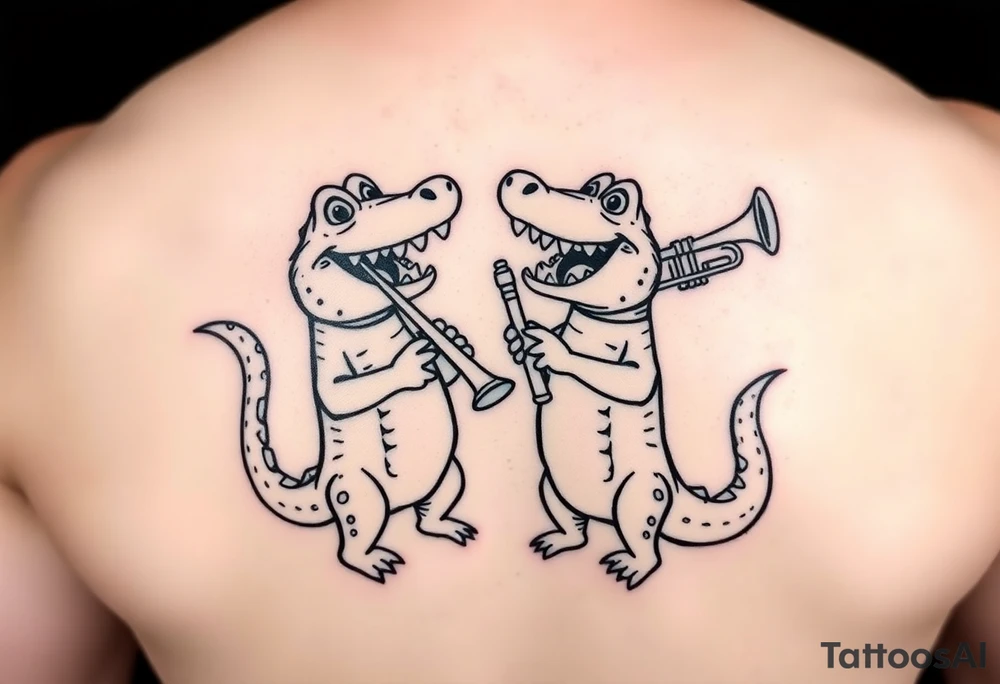 Two cartoon alligators playing music together with trombone and trumpet tattoo idea