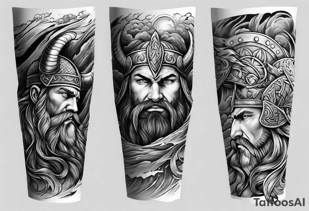 forearm sleeve with vikings and clouds tattoo idea