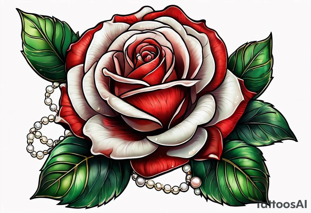 Red rose with a pearl necklace tattoo idea