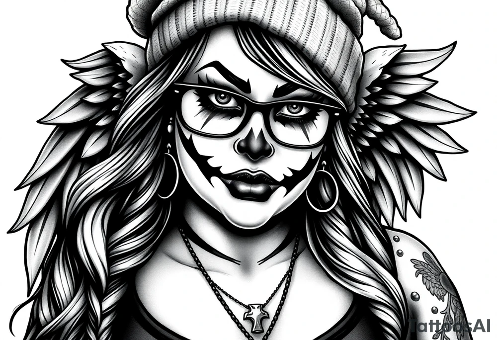 Chicana BBL fat sexy chunky plus size beautiful long hair clown makeup angel wings thug beanie eyeglasses tattoo idea