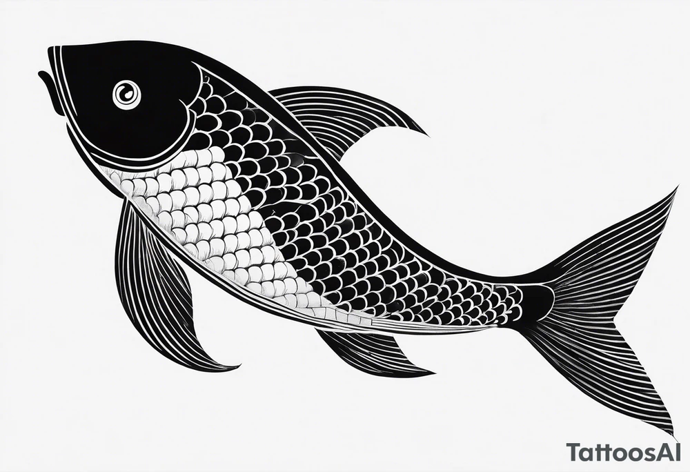 A black-and-white silhouette of a koi fish in a calligraphy style, viewed from above. The fish is intricately outlined with sharp, fluid lines, emphasizing its graceful, curved body. The koi fish is depicted with bold black and white contrasts, with simple, abstract shapes indicating where orange would normally be, but left as stark black and white outlines. The splash of water and ink blobs surrounding the fish are represented by bold, sweeping black shapes, with intricate details, giving the illusion of movement. The dark surface beneath the fish is solid black, providing a stark contrast to the white fish and water splashes. The overall composition is clean, with strong contrasts and no gradients, capturing the elegant fluidity of the koi in a minimalist, high-contrast silhouette. tattoo idea