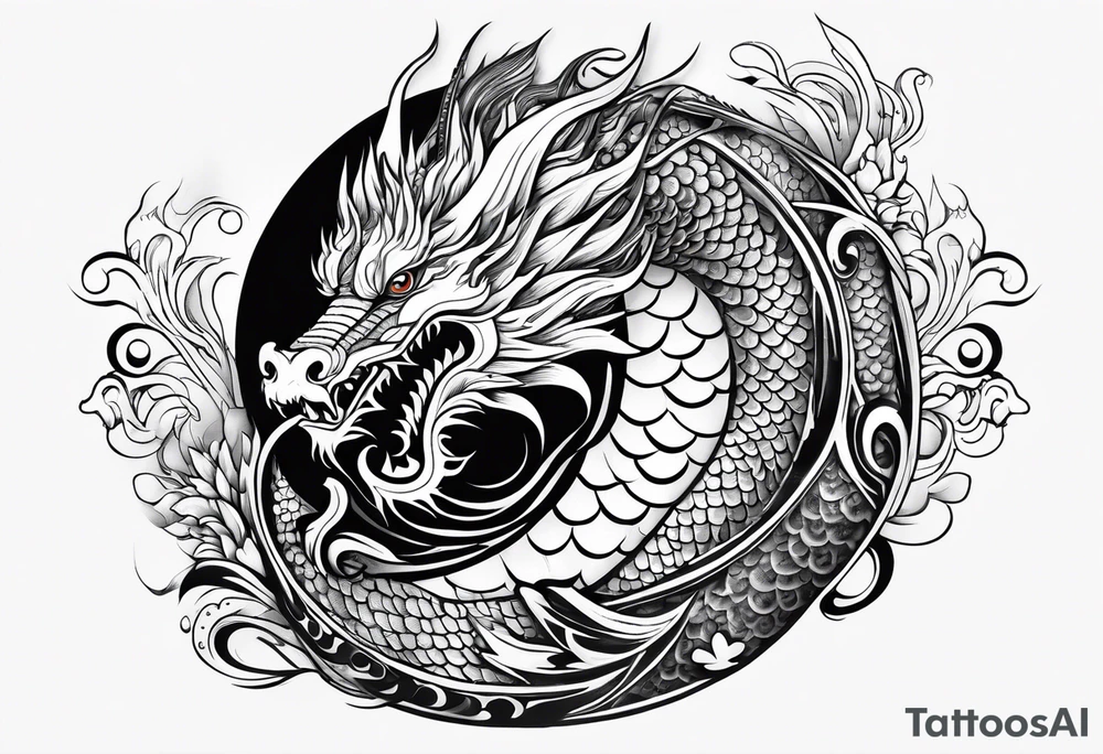 Asian Māori dragon, koi, water, black, shoulder tattoo idea