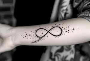 infinity symbol woven with floating feathers and stardust tattoo idea