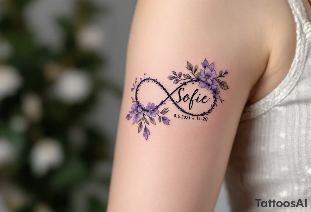 Floral infinity sign incorporating name Sofie and numbers 8.6.2021 v 11:20" in lavender and soft beige. tattoo idea