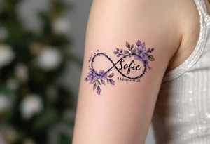 Floral infinity sign incorporating name Sofie and numbers 8.6.2021 v 11:20" in lavender and soft beige. tattoo idea