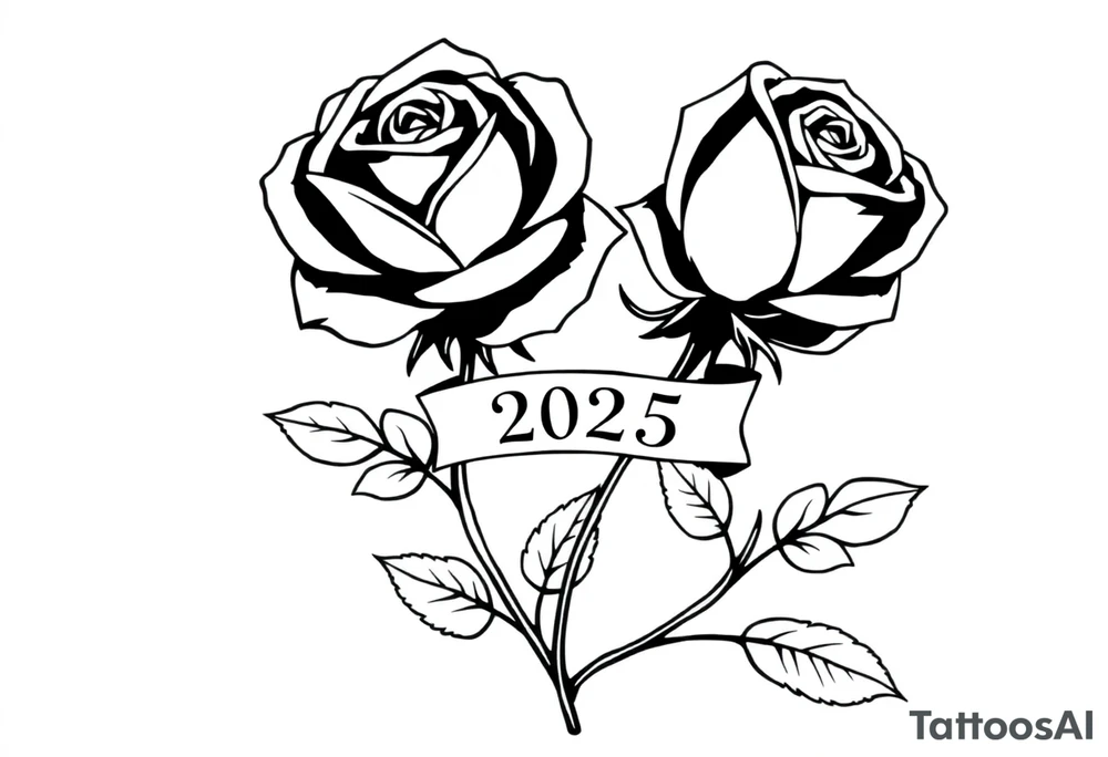 two beautiful large rose buds, one larger than the other, with many leaves next to the rose buds, with one sitting higher than the other. Include a banner connecting the two roses with the year "2025" on it.   Use dark outlines with little shading. The two stems should be short, not long, and connect and join into one stem, whimsically curved or twisted - not straight down. tattoo idea