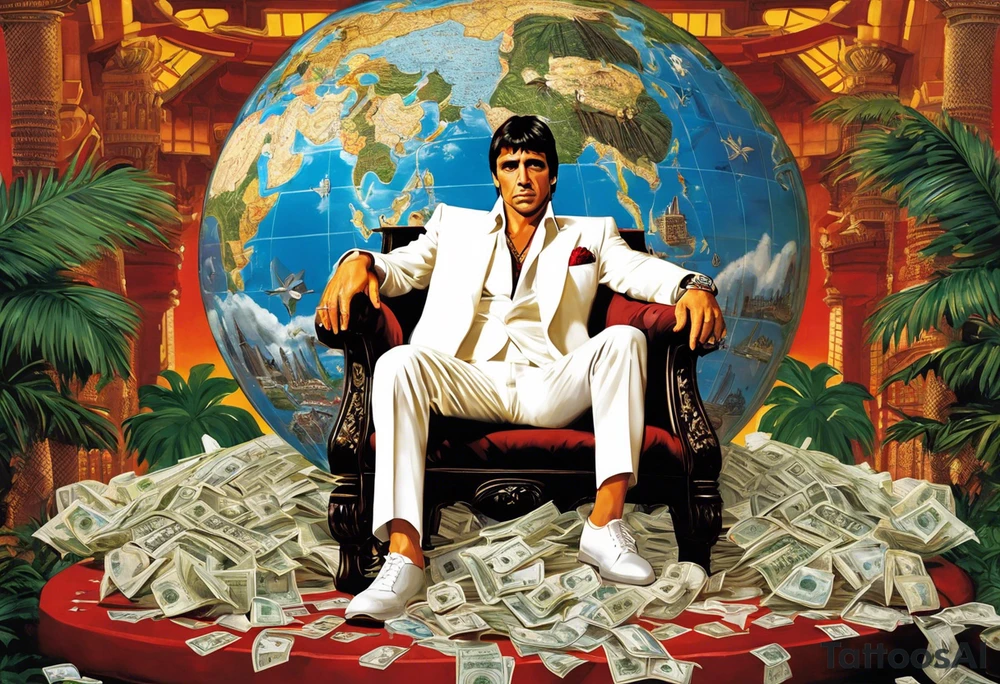 Tony Montana sitting on his throne with his infamous "The World is Yours" globe in hand, surrounded by elements that represent key scenes or motifs from the movie? For example, you could include symbols like piles of cocaine, palm trees, guns, and perhaps even the iconic "Say hello to my little friend" scene in the background. This would create a dynamic and visually captivating tattoo that pays homage to Scarface in a unique and personalized way. tattoo idea