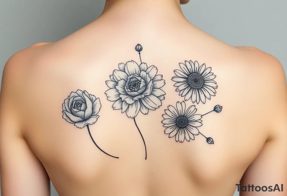 A mix of black and white outline and colored flowers including a carnation and daisy tattoo idea