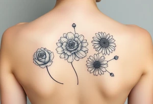 A mix of black and white outline and colored flowers including a carnation and daisy tattoo idea