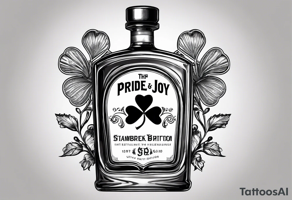 bottle of bourbon from a Distillery called Pride and Joy, the logo is a shamrock tattoo idea