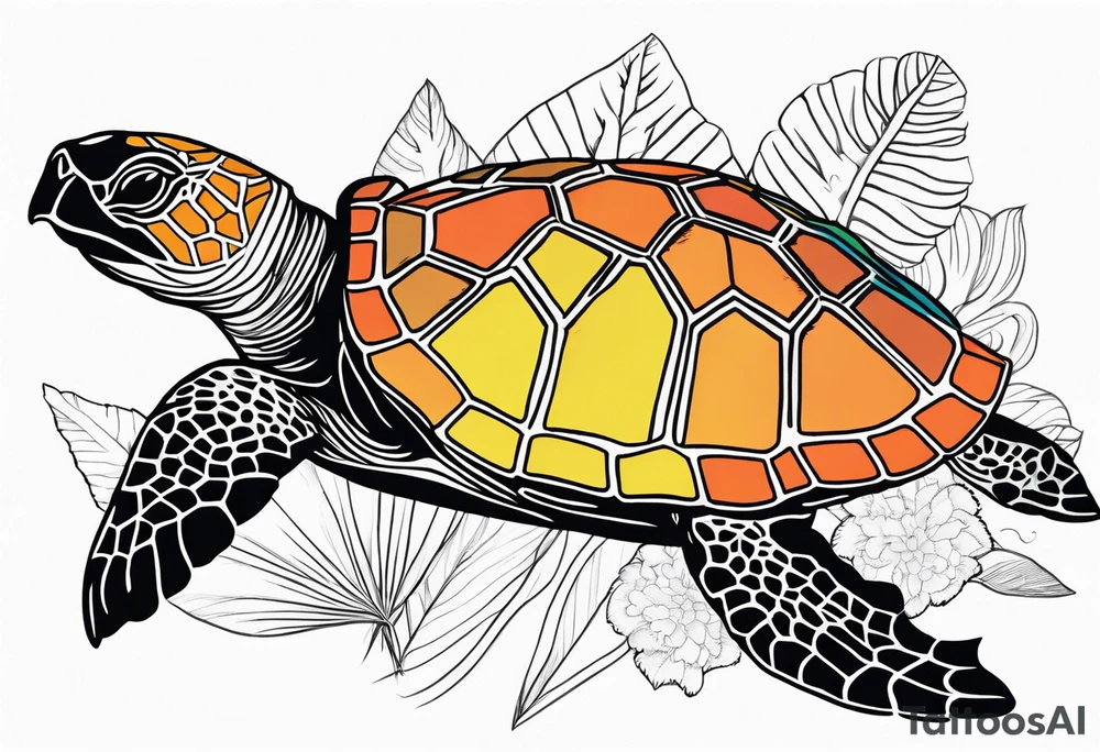 tropical psychedelic turtle, aerial view tattoo idea