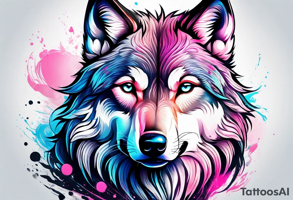 strong wolf gentle eyes one eye blue one eye pink tattoo idea