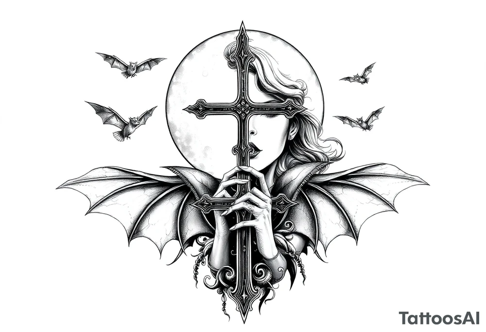 female vampire,bats,full moon,cross. tattoo idea