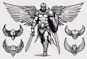 ultra-fine line linework vector of a gladiator with wings tattoo idea