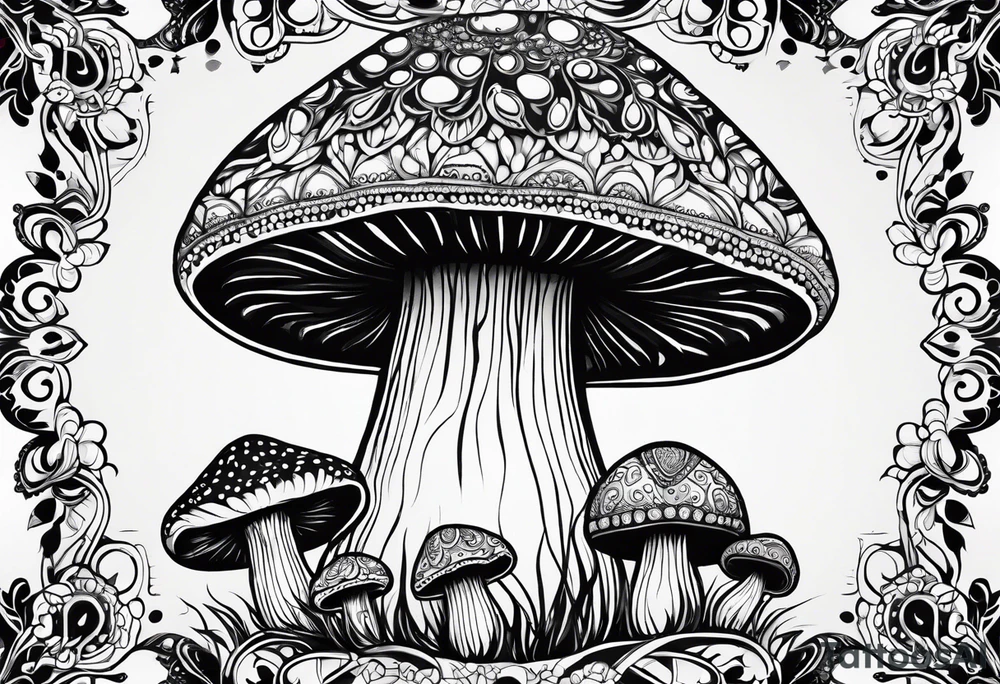 Large Shaggy cap mushroom dripping ink off cap with 4 smaller mushrooms around it mandala henna black tattoo design tattoo idea