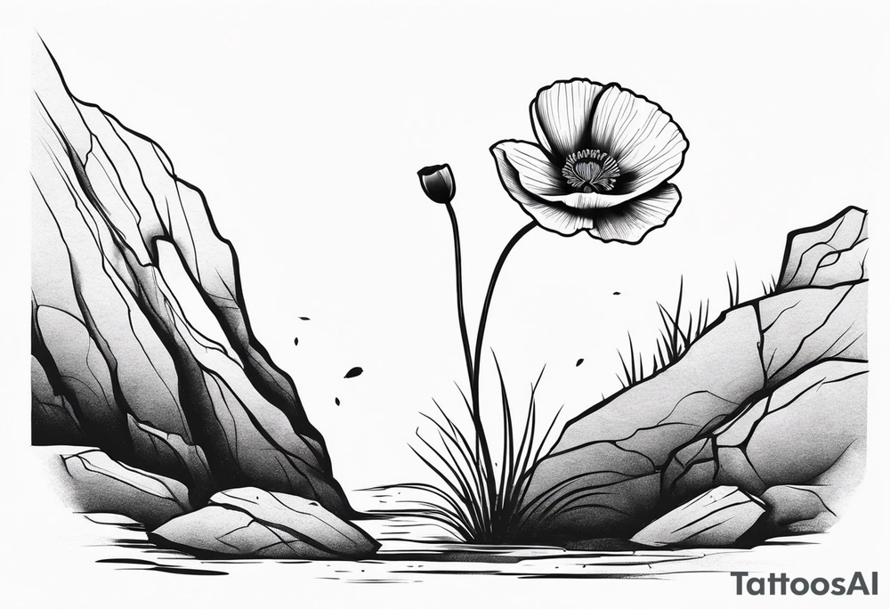 Poppy flower growing from a rock and roots grow down rock tattoo idea