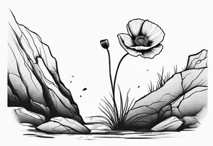Poppy flower growing from a rock and roots grow down rock tattoo idea
