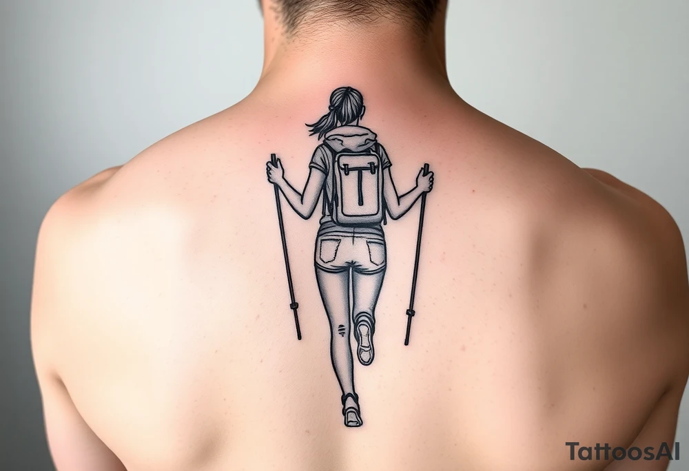 one fine line tattoo with a woman holding hiking poles and running 
(from behind) tattoo idea