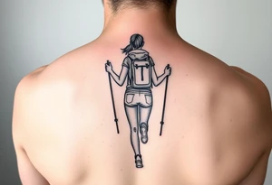 one fine line tattoo with a woman holding hiking poles and running 
(from behind) tattoo idea