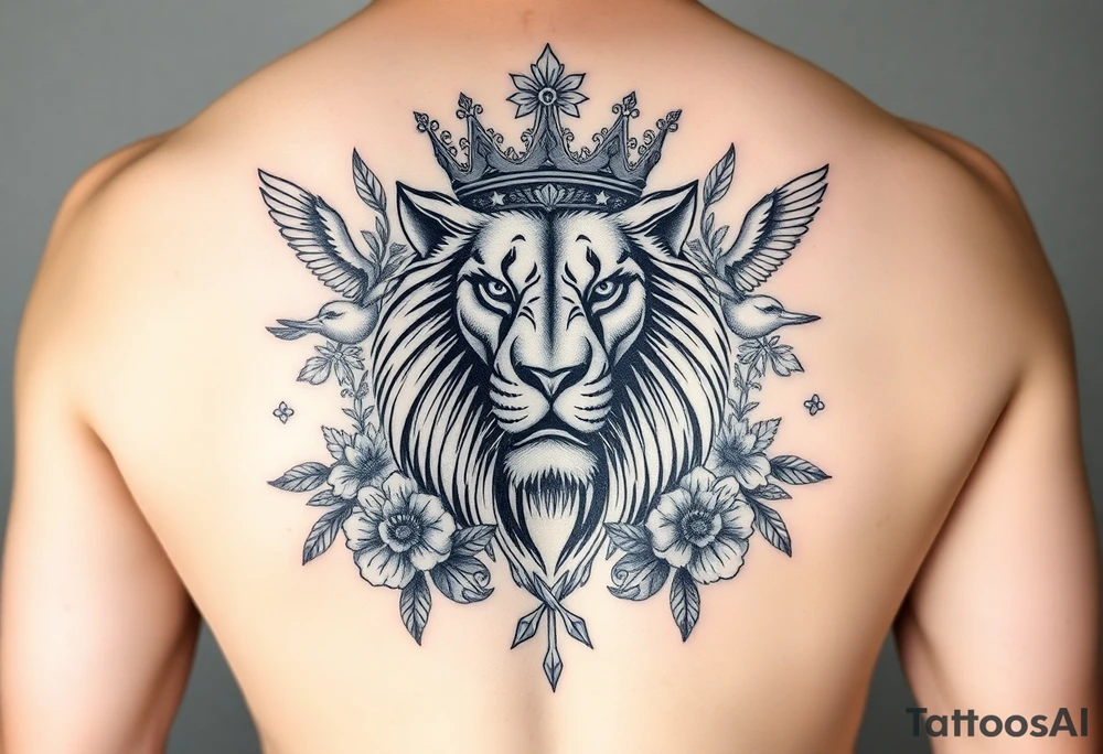 powerful majestic lion with a crown, surrounded by floral ornaments and birds tattoo idea