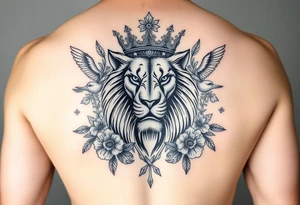 powerful majestic lion with a crown, surrounded by floral ornaments and birds tattoo idea