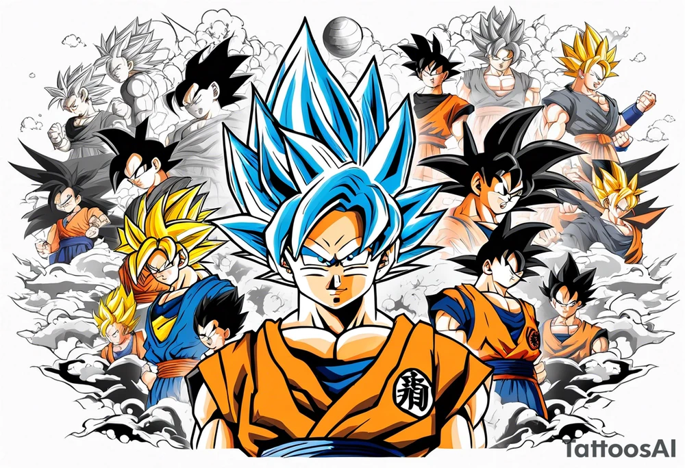 Son-Goku as a super saiyajin . A huge dragonball surrounds the whole scenery. Gokus friends are surrounding him as shadows tattoo idea