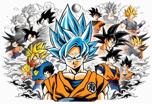 Son-Goku as a super saiyajin . A huge dragonball surrounds the whole scenery. Gokus friends are surrounding him as shadows tattoo idea