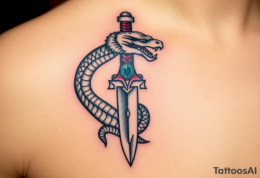 mystical snake coiled around an ancient dagger with jeweled hilt tattoo idea