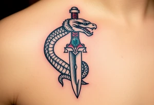 mystical snake coiled around an ancient dagger with jeweled hilt tattoo idea